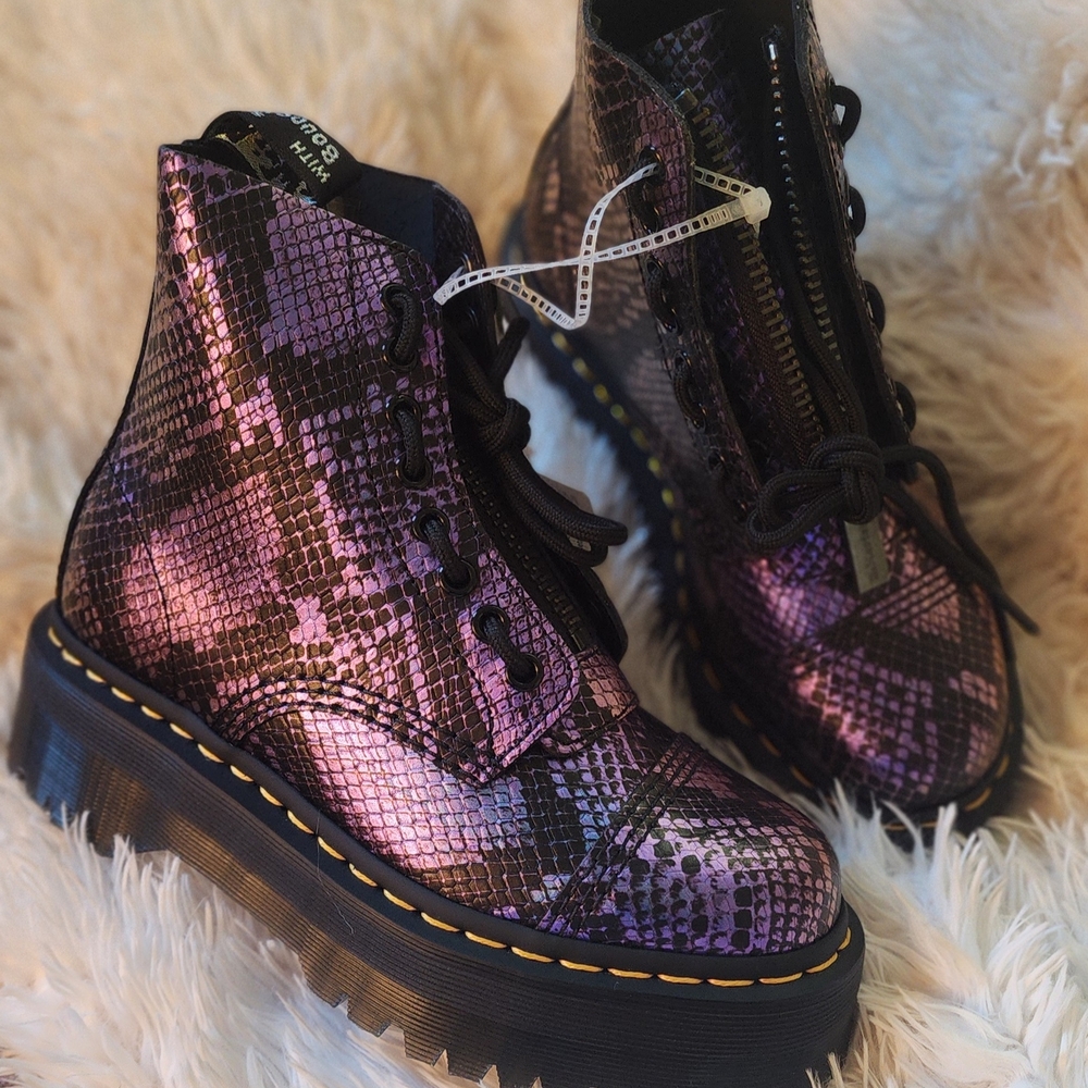Dr. Martens Shimmering Purple Snake Print Boots